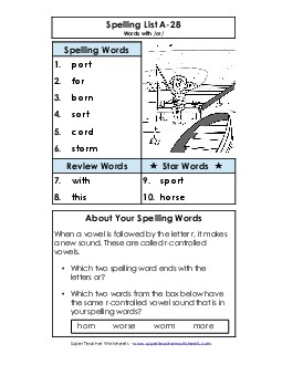 Spelling List A-28 Spelling A Worksheet