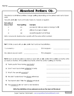 Absorbed Prefixes: Ob- Greek Latin Word Parts Worksheet