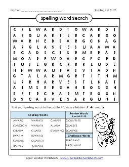 Word Search (C-20) Spelling C Worksheet