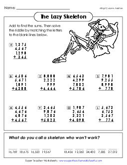 Math Riddle: Lazy Bones (4-Digit Column Addition) Worksheet