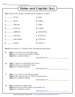 Quiz: U.S. States and Capitals 4th Grade Social Studies Worksheet