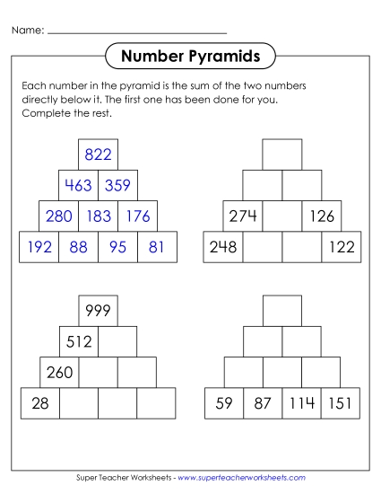 New Number Pyramids: 3-Digit Numbers, 4 Rows Worksheet New Number Pyramids: 3-Digit Numbers, 4 Rows Worksheet
