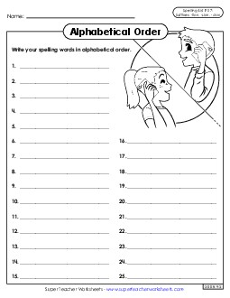 Alphabetical Order: Whole List (F-27)  Spelling F Worksheet