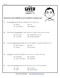 Vocab for Chapters 6-10 Book The Giver Worksheet