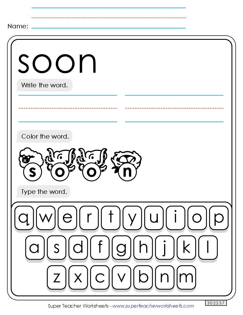 Write, Color, Type: Soon Sight Words Individual Worksheet