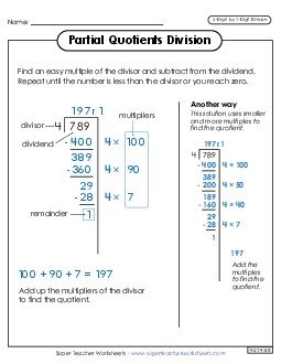 Partial Quotients Anchor Chart  (3-Digit by 1-Digit) Division Worksheet