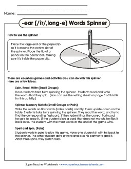 Word Spinner (-ear) Word Families Worksheet