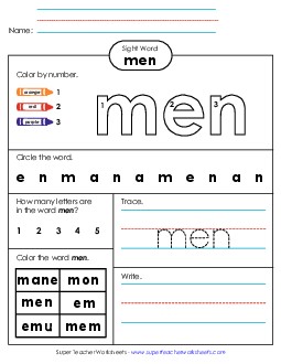 Worksheet 4: Men Sight Words Individual Worksheet