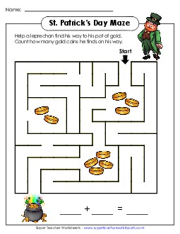 Leprechaun Coin Maze (Basic) Addition Worksheet