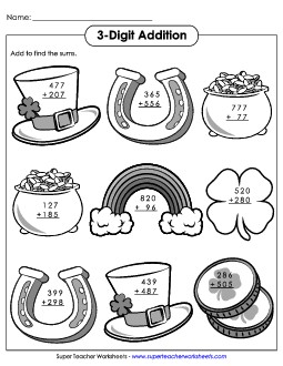 3-Digit St. Patrick\'s Addition Stpatrick Worksheet