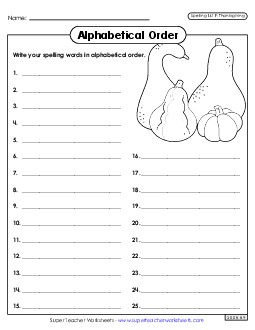 Alphabetical Order: Whole List (Thanksgiving) Spelling F Worksheet