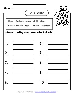 ABC Order: Write List (B-Number Words) Spelling B Worksheet