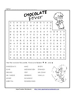 Word Search for Chocolate Fever Book Chocolate Fever Worksheet