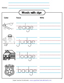 Trace and Write (-dge Words) Phonics Trigraphs Worksheet