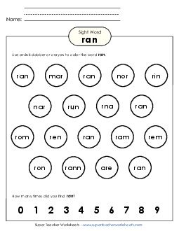 Dab or Color: Ran Sight Words Individual Worksheet