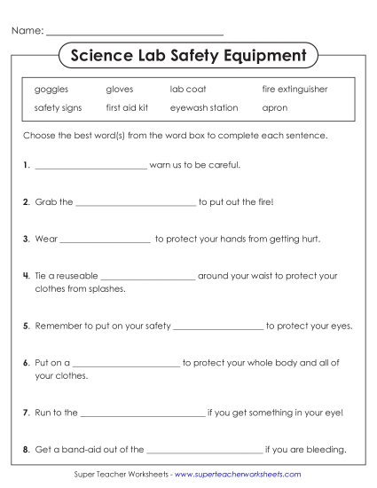 New Lab Safety Equipment Cloze (Basic) Worksheet New Lab Safety Equipment Cloze (Basic) Worksheet
