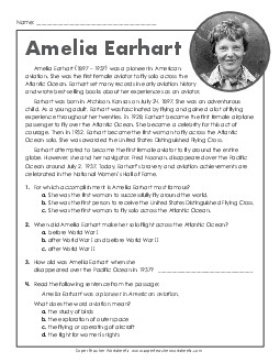 Amelia Earhart (Short Passage) 4th Grade Reading Comprehension Reading Comp Short Worksheet