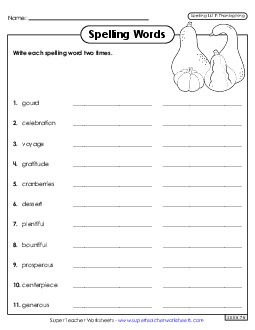 Write Words Twice (Thanksgiving) Spelling F Worksheet