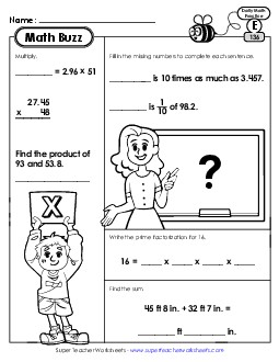 Math Buzz: Week 28 Worksheets 136 through 140 Daily Math Review Worksheet