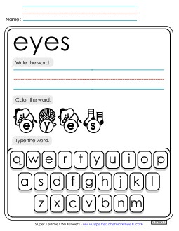 Write, Color, Type: Eyes Sight Words Individual Worksheet