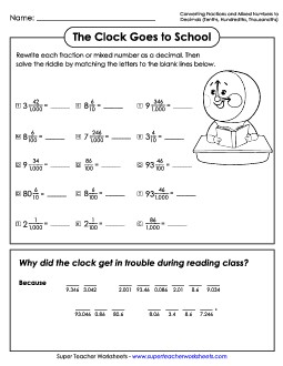 Talking Clock (Tenths, Hundredths) Decimals Worksheet