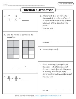 Variety Worksheet: Fraction Subtraction (Like Denominators) Fractions Worksheet