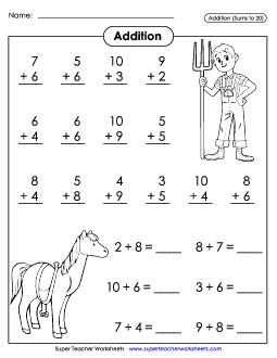 Basic Addition Facts: Farm Worksheet