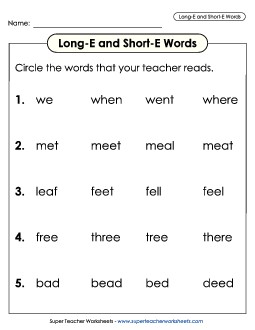 Listen and Circle: Long E and Short E Phonics Long Short E Worksheet