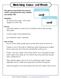 Memory Match Game (-ent) Word Families Worksheet