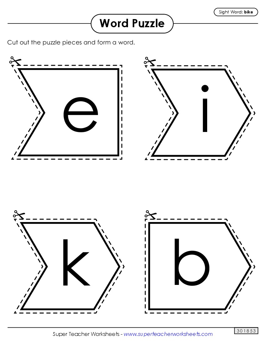 Word Puzzle: Bike Sight Words Individual Worksheet