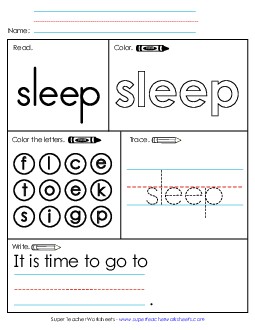 Worksheet 1: Sleep Sight Words Individual Worksheet