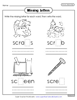 Missing Letters (Scr- Words) Phonics Blends Worksheet