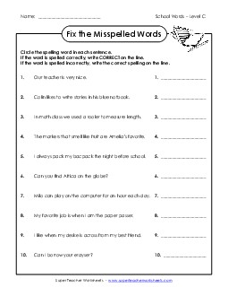 Correct or Incorrect? (C-School Words)  Spelling C Worksheet