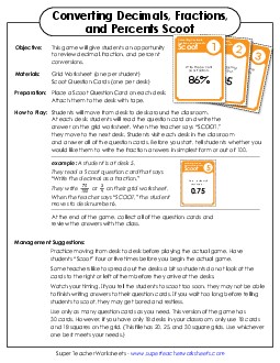 Converting Decimals, Fractions, and Percents Scoot Game Worksheet