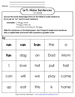 Make Sentences: Word Cards (-un) Free Word Families Worksheet