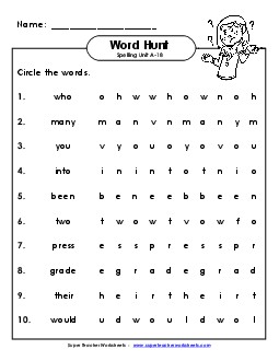 Horizontal Word Hunt (A-18) Spelling A Worksheet