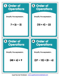 Order of Operations Task Cards 5th Grade Math Worksheet