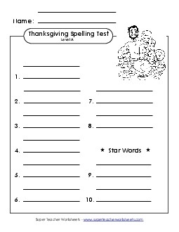 Spelling Test (A-Thanksgiving)  Spelling A Worksheet