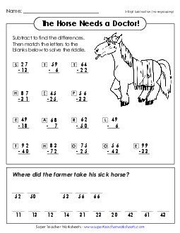 The Sick Horse (2-Digit Subtraction; No Borrowing) Worksheet