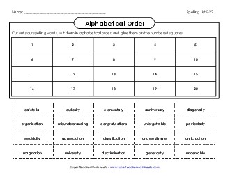 ABC Order: Cut and Glue (E-22) Spelling E Worksheet