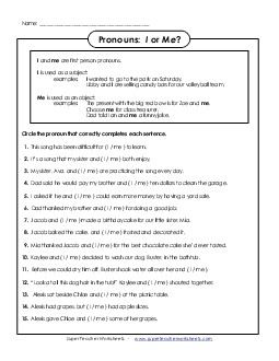 Pronouns: I and Me (Intermediate) Worksheet