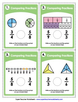 Task Cards: Comparing Fractions 4th Grade Math Worksheet