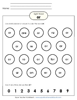 Dab or Color: Or Sight Words Individual Worksheet