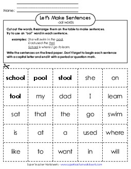 Make Sentences: Word Cards (-ool) Word Families Worksheet