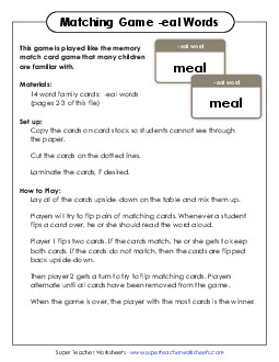 Memory Match Game (-eal) Free Word Families Worksheet