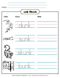 Trace and Write (-unk) Word Families Worksheet