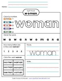 Worksheet 4: Woman Sight Words Individual Worksheet