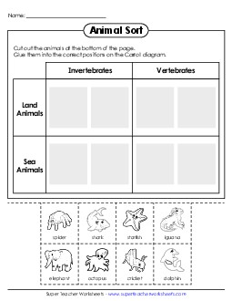 Carroll Diagram: Invertebrates & Vertebrates Carroll Diagrams Worksheet