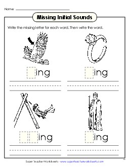 Missing Initial Sounds (-ing) Word Families Worksheet