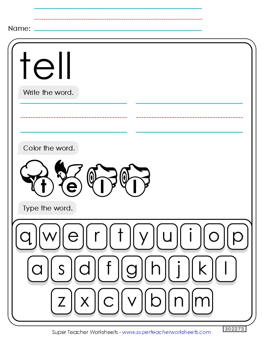 Write, Color, Type: Tell Sight Words Individual Worksheet